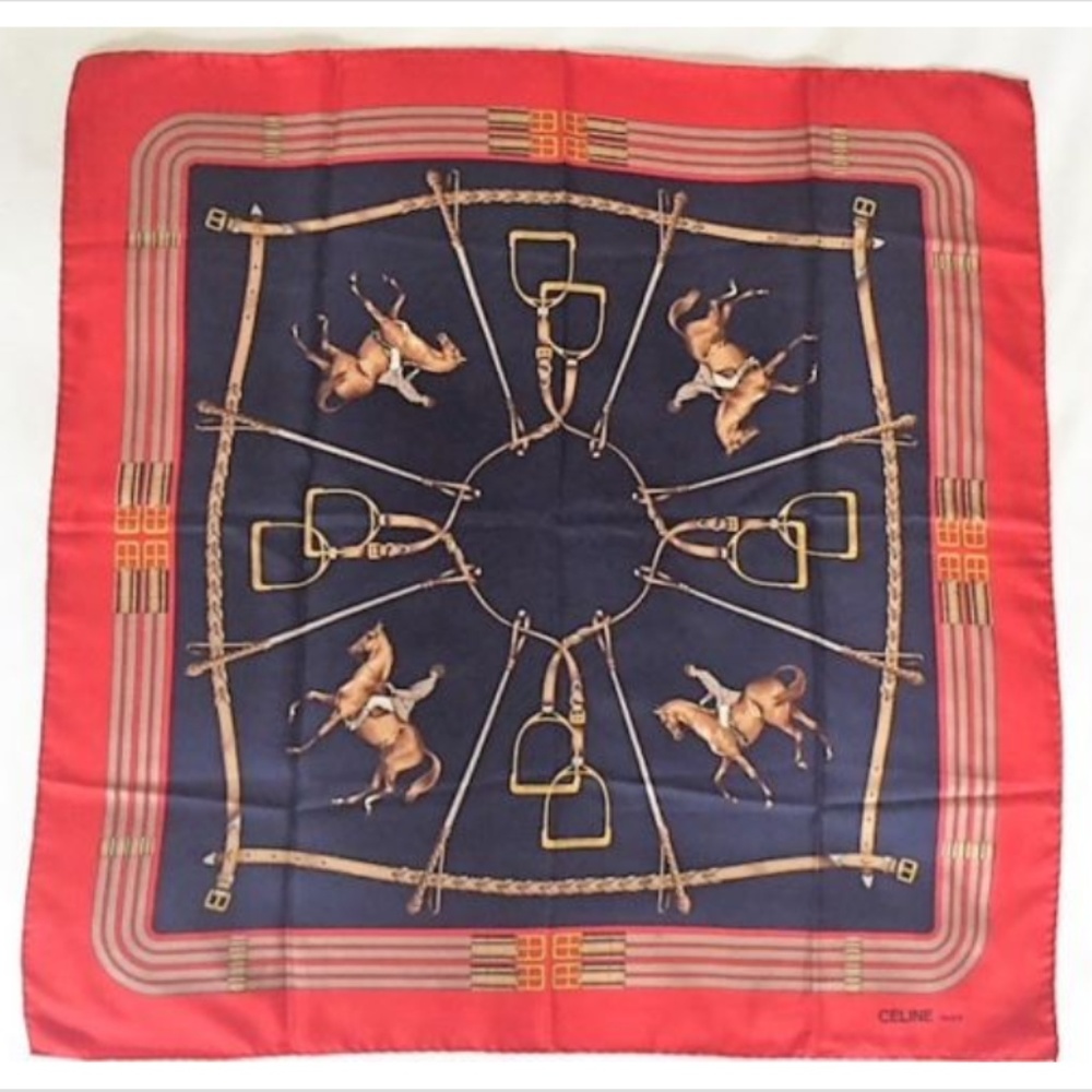 Celine Equestrian VTG Silk Scarf Classic Red Navy